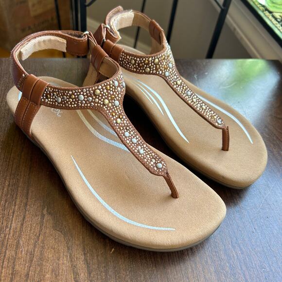 Aetrex Lindsey Embellished Arch Support Memory Foam Sandal Cognac US size 7 - Picture 1 of 9